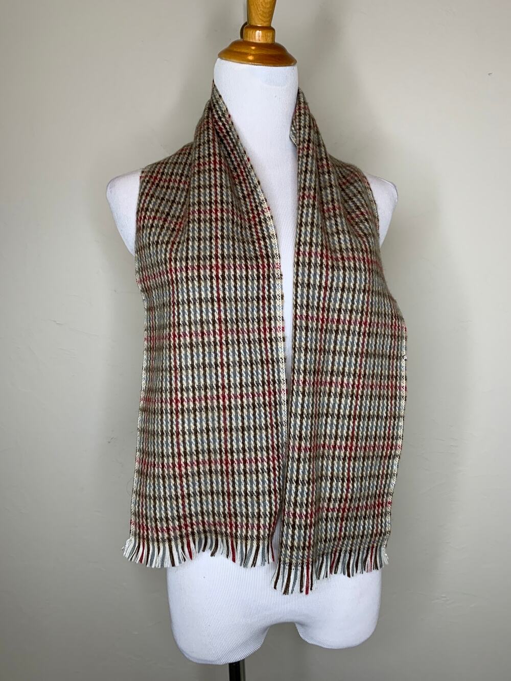 Vintage Earthone Plaid Scarf 7.25" x 49" 1" fringe Acrylic Japan Soft